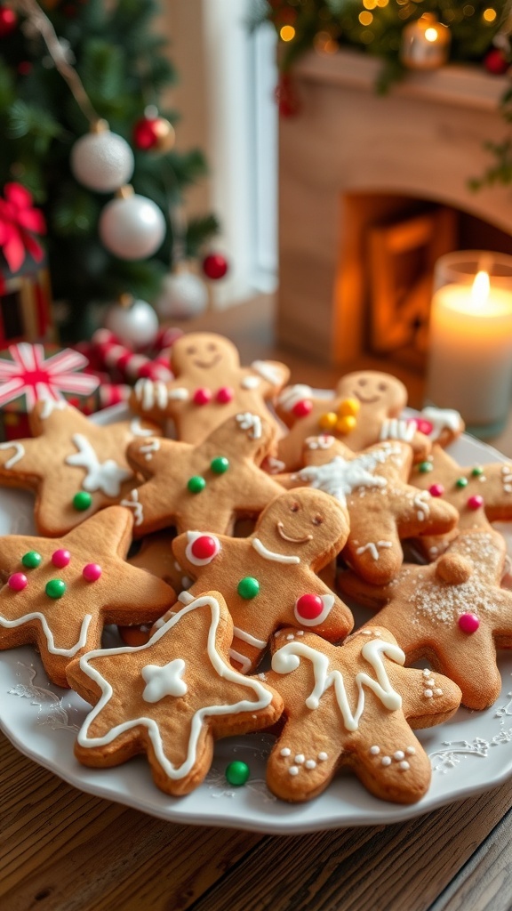 A platter of decorated gingerbread cookies including gingerbread men and star shapes, set in a festive holiday setting.