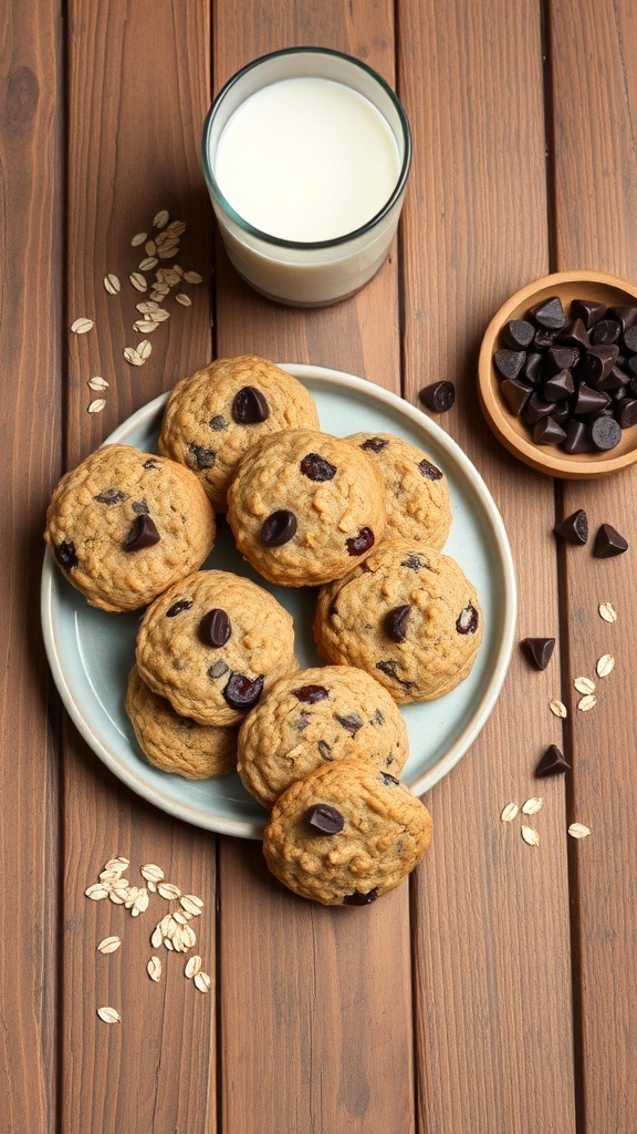 A plate of oatmeal cookies with chocolate chips, a glass of milk, and chocolate chips on a wooden table.