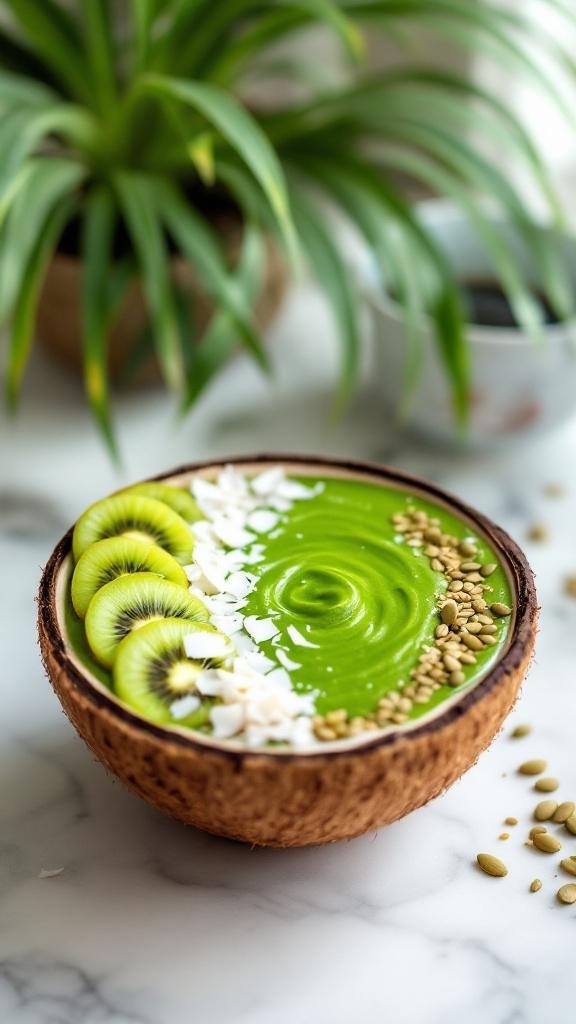 A vibrant green smoothie bowl topped with kiwi slices, coconut flakes, and pumpkin seeds.