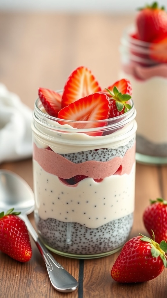 A layered chia pudding with strawberries in jars, showcasing a healthy keto dessert.