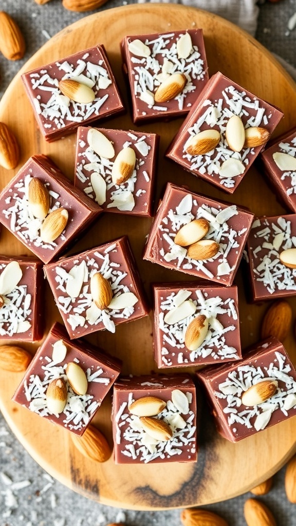 No-bake almond joy bars topped with almonds and shredded coconut on a wooden board.