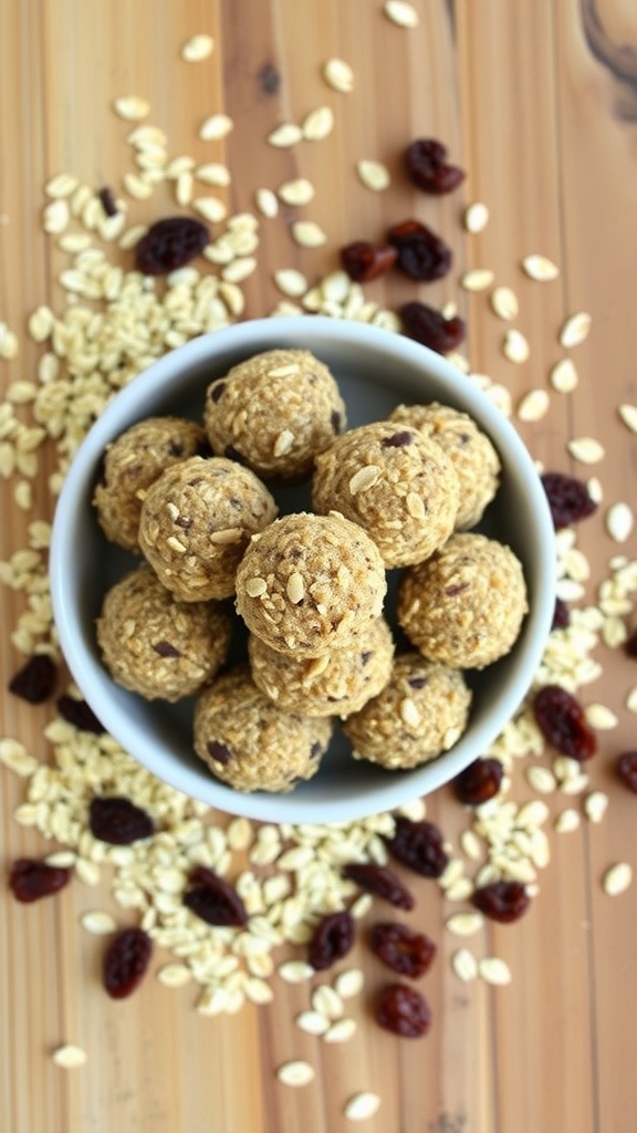A bowl of no-bake oatmeal raisin energy bites surrounded by oats and raisins.