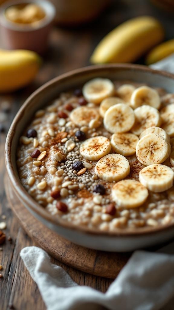 A bowl of oatmeal topped with banana slices, nuts, and seeds, showcasing a healthy breakfast option.