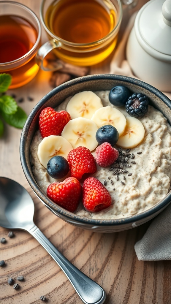 A wholesome oatmeal bowl topped with banana slices, mixed berries, and chia seeds, with tea in the background.
