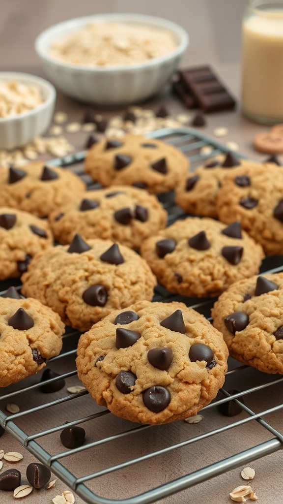 Freshly baked oatmeal cookies with dark chocolate chips on a cooling rack, surrounded by oats and chocolate ingredients.