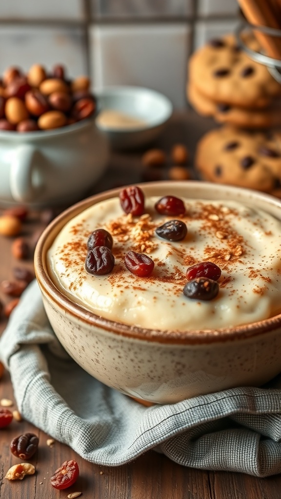 A bowl of oatmeal raisin cookie chia pudding topped with raisins and cinnamon, with cookies and nuts in the background.