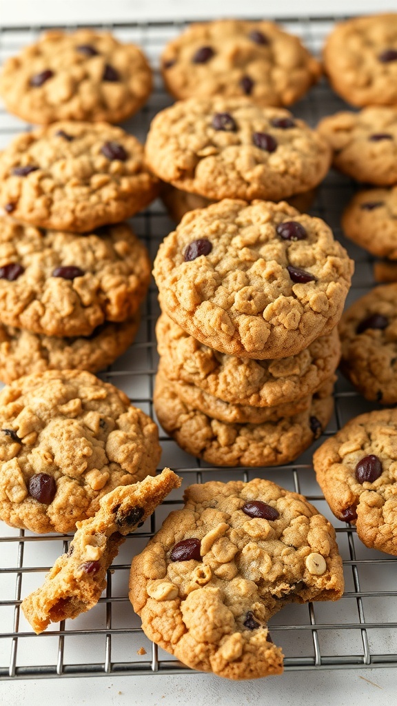 A batch of oatmeal raisin cookies on a cooling rack, some cookies are stacked while others are laid out, showcasing their chewy texture.