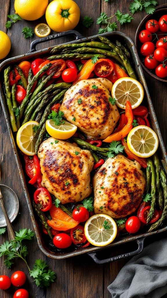 One-pan lemon garlic chicken with vegetables and lemon slices