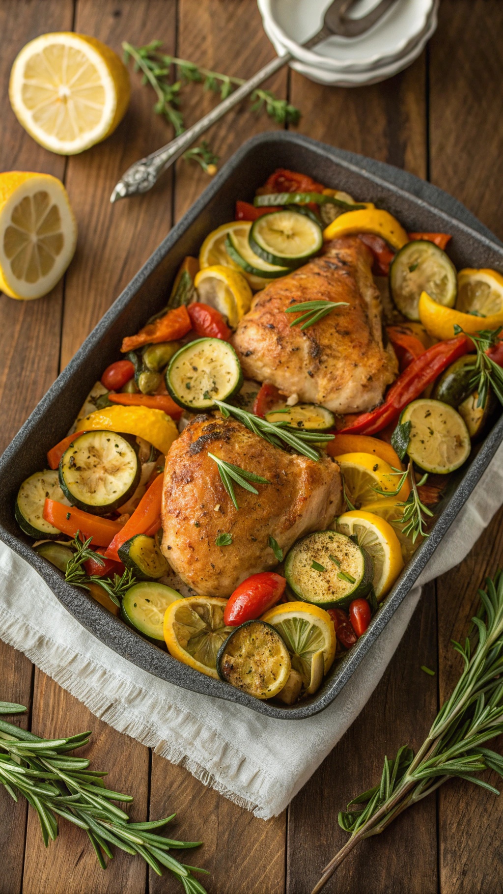 A delicious one-pan lemon herb chicken and vegetables dish with vibrant colors.