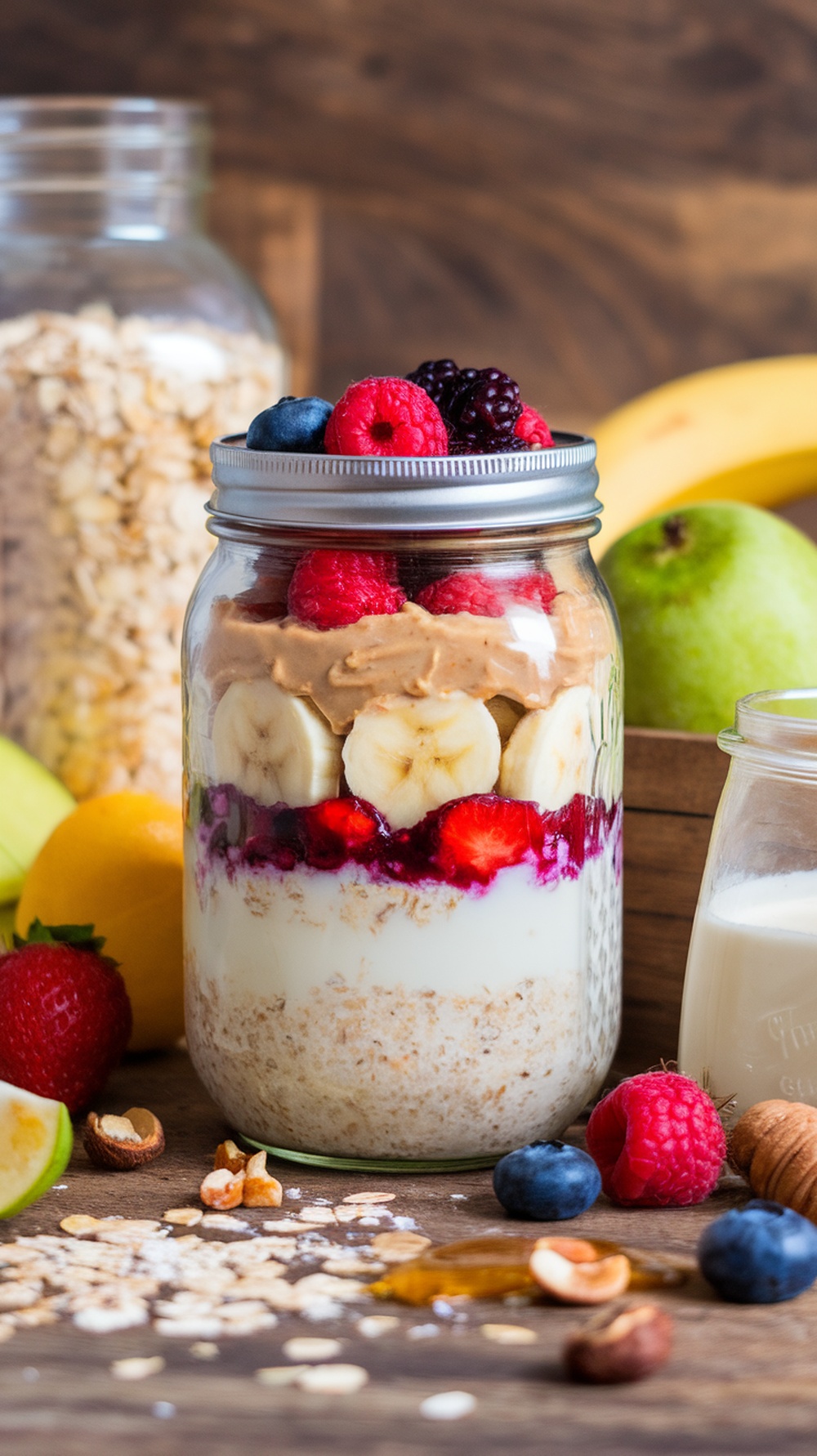 A jar of overnight oats layered with banana, berries, and nut butter.