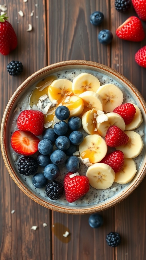 A bowl of overnight oats topped with fresh fruits like strawberries, blueberries, blackberries, and banana slices.