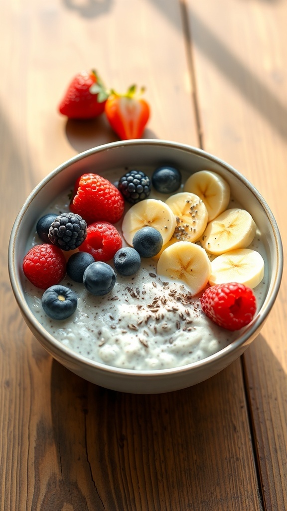 A bowl of overnight oats topped with fresh berries and banana slices on a wooden table.