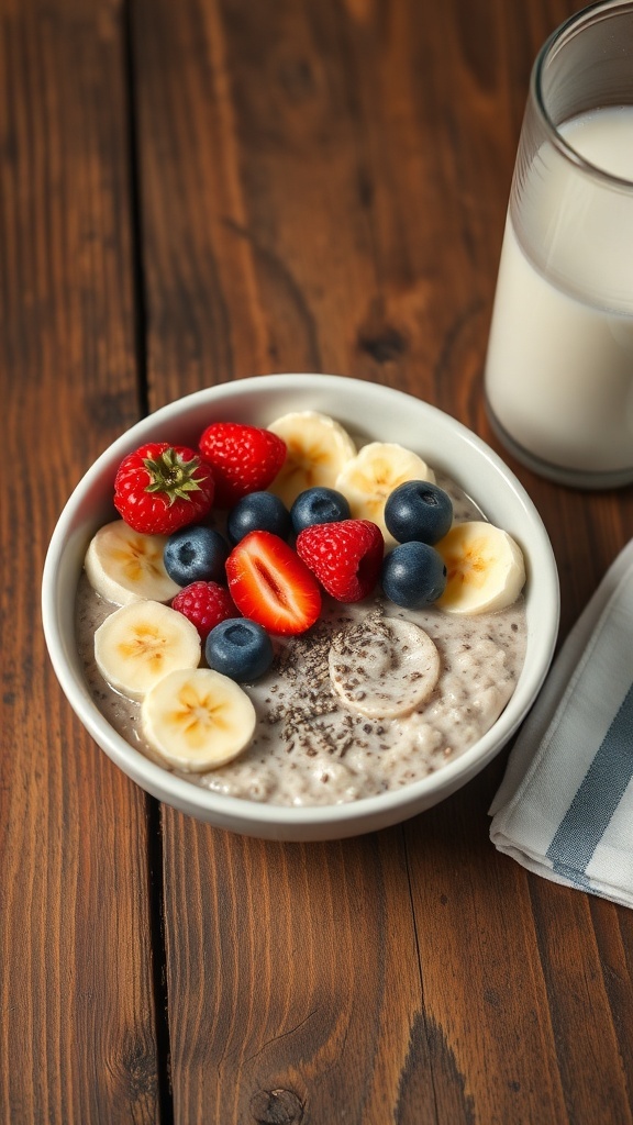 A bowl of overnight oats topped with banana slices, mixed berries, and chia seeds.