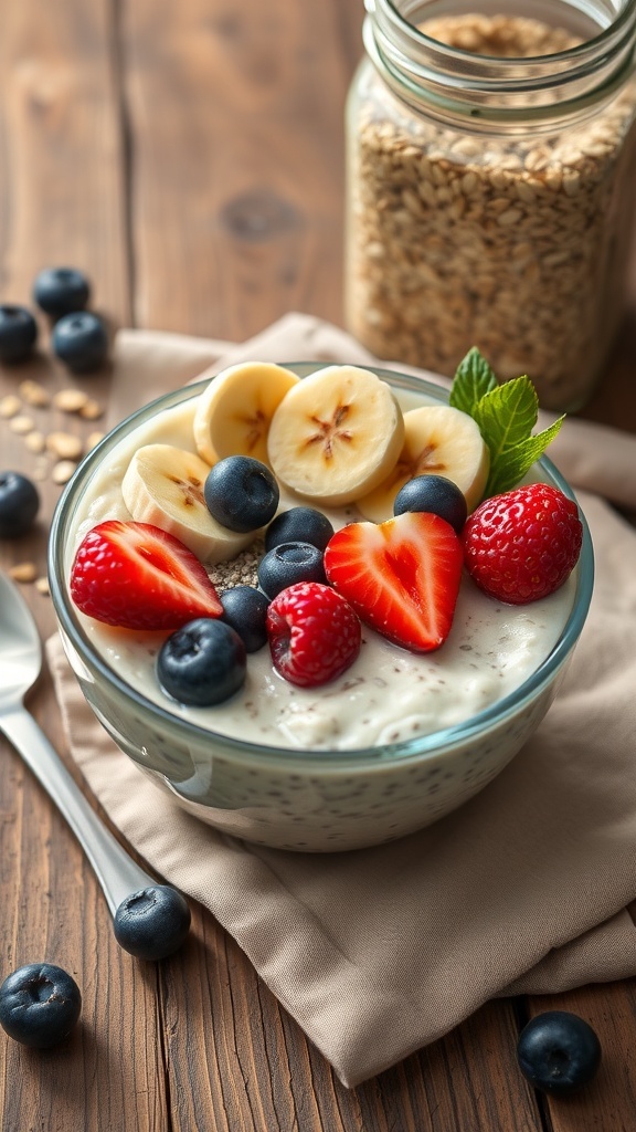 A bowl of overnight oats topped with sliced bananas, strawberries, and blueberries, with a jar of oats in the background.