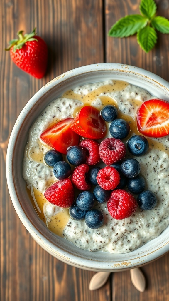 A bowl of overnight oats topped with fresh strawberries, blueberries, and raspberries on a wooden table.