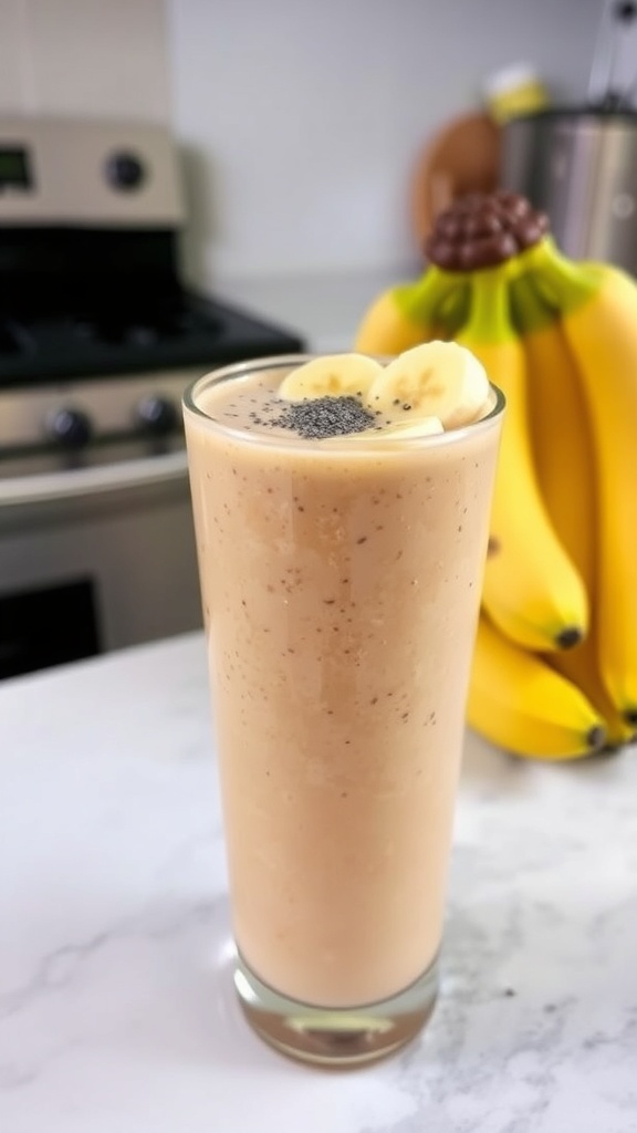 A tall glass of peanut butter banana smoothie topped with banana slices and chia seeds, with a bunch of bananas in the background.