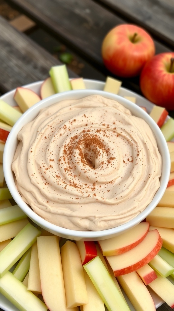 A bowl of peanut butter fluff dip surrounded by apple slices.