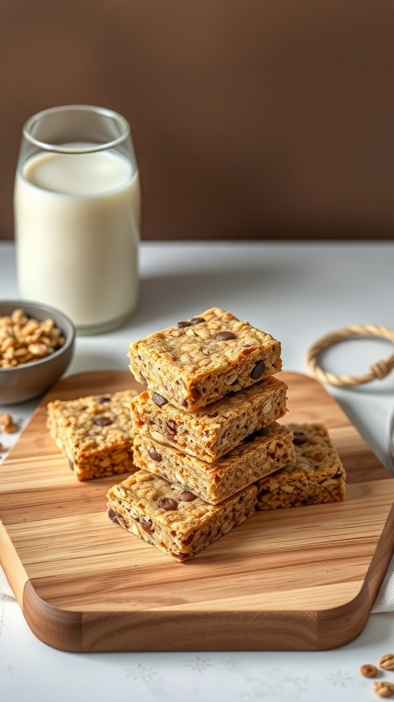Wholesome peanut butter granola bars stacked on a wooden board with a glass of milk.