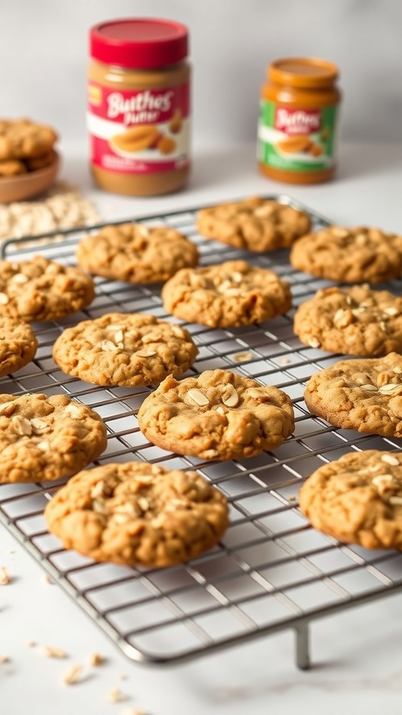 Freshly baked peanut butter oatmeal cookies cooling on a wire rack with jars of peanut butter in the background.