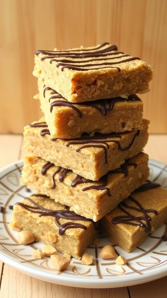 A stack of peanut butter protein bars drizzled with chocolate on a plate.