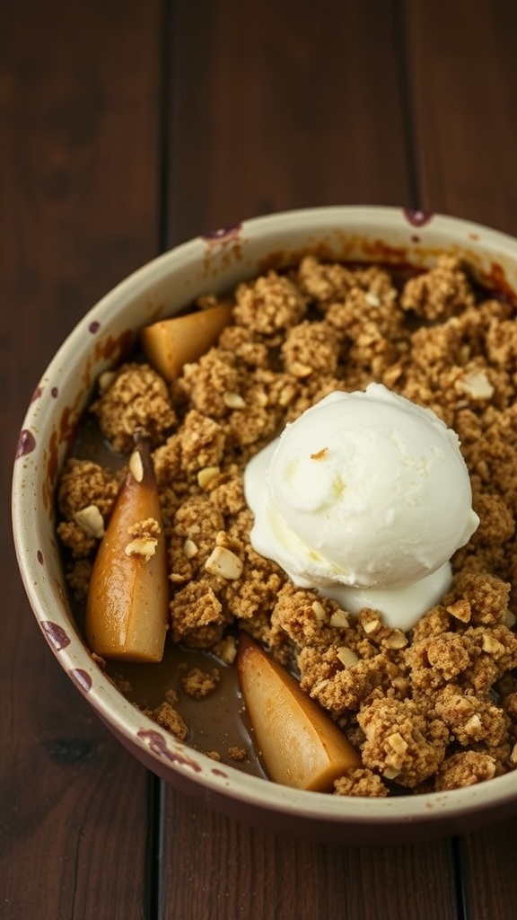 A delicious pear and almond crumble topped with a scoop of ice cream in a baking dish.