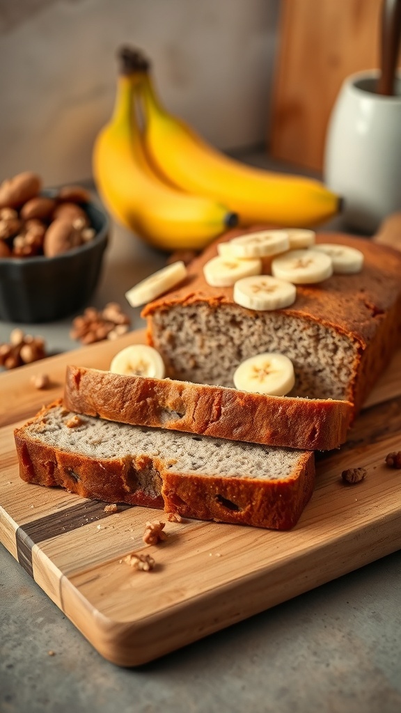 Sliced banana bread with fresh banana slices on top, surrounded by nuts and ripe bananas.