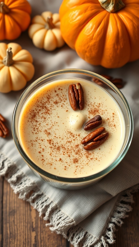 A bowl of pumpkin chia seed pudding topped with pecans and cinnamon, surrounded by small pumpkins.