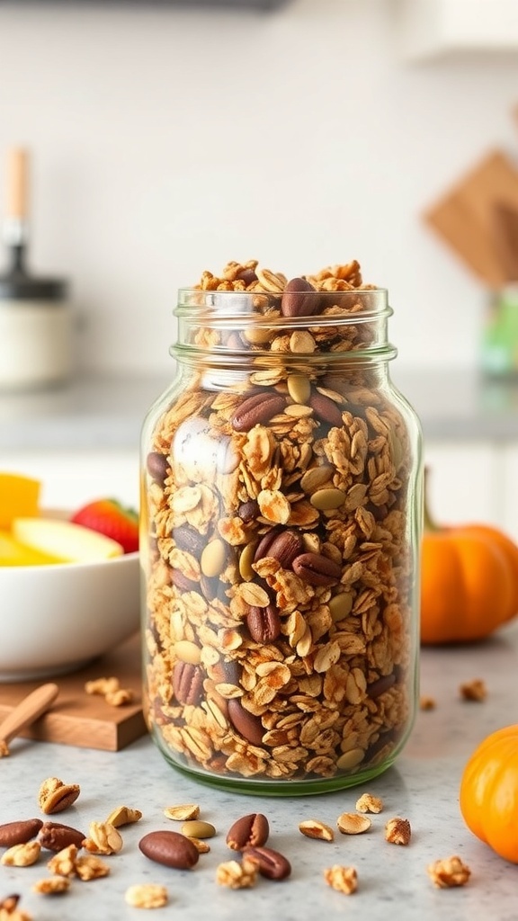 A jar filled with pumpkin granola, surrounded by ingredients like nuts and small pumpkins.