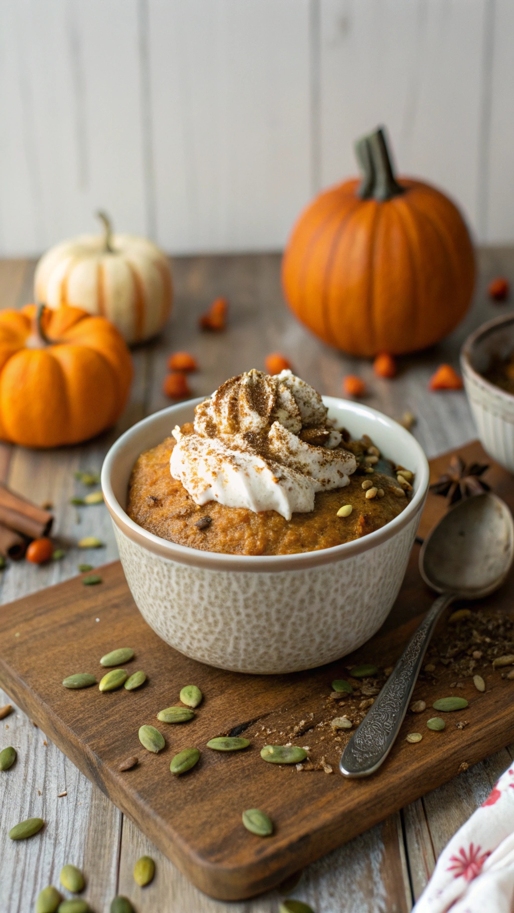 A bowl of pumpkin spice chia pudding topped with whipped cream and pumpkin seeds, surrounded by mini pumpkins.