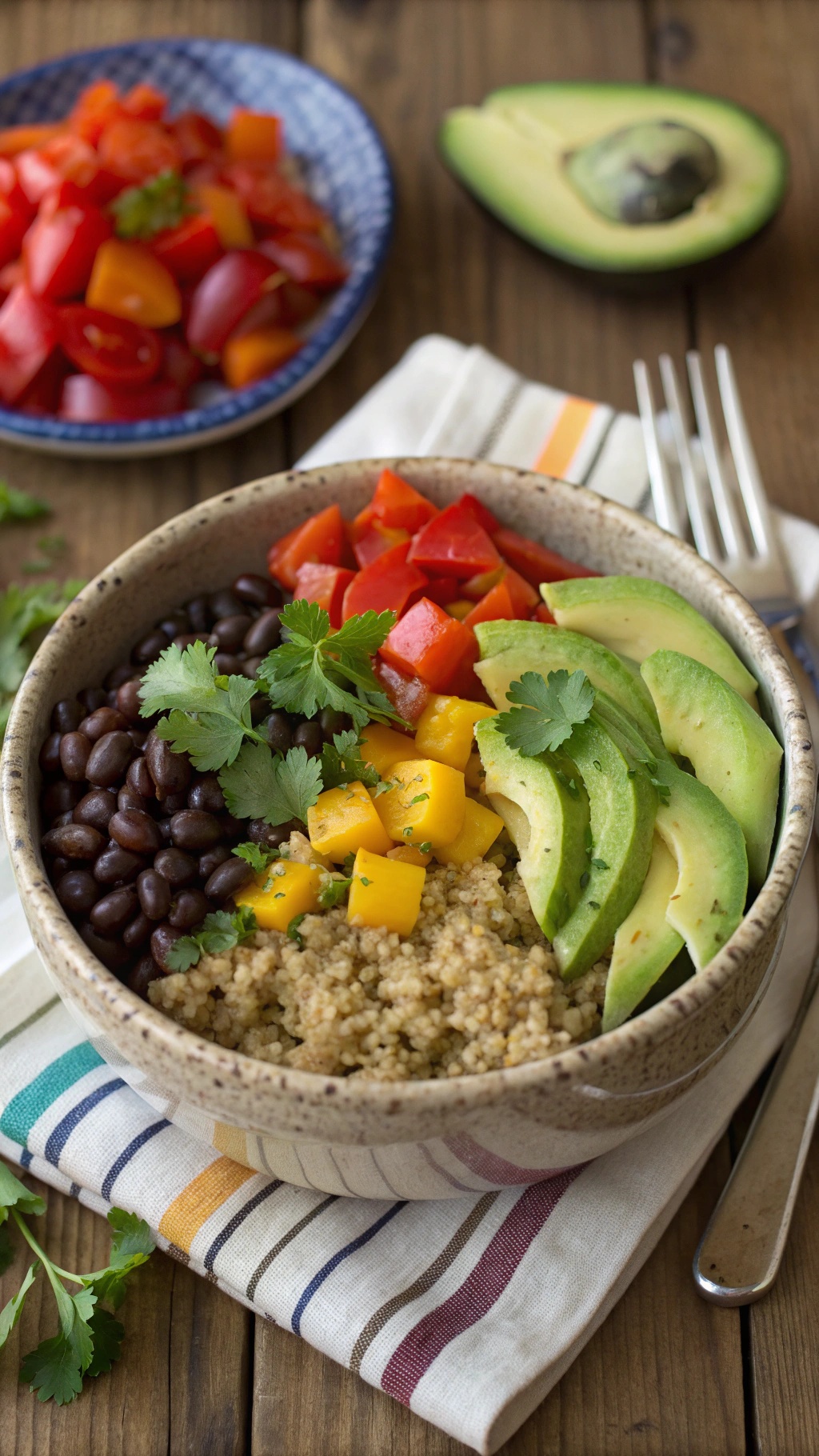 A colorful quinoa and black bean bowl with diced peppers, avocado, and cilantro.