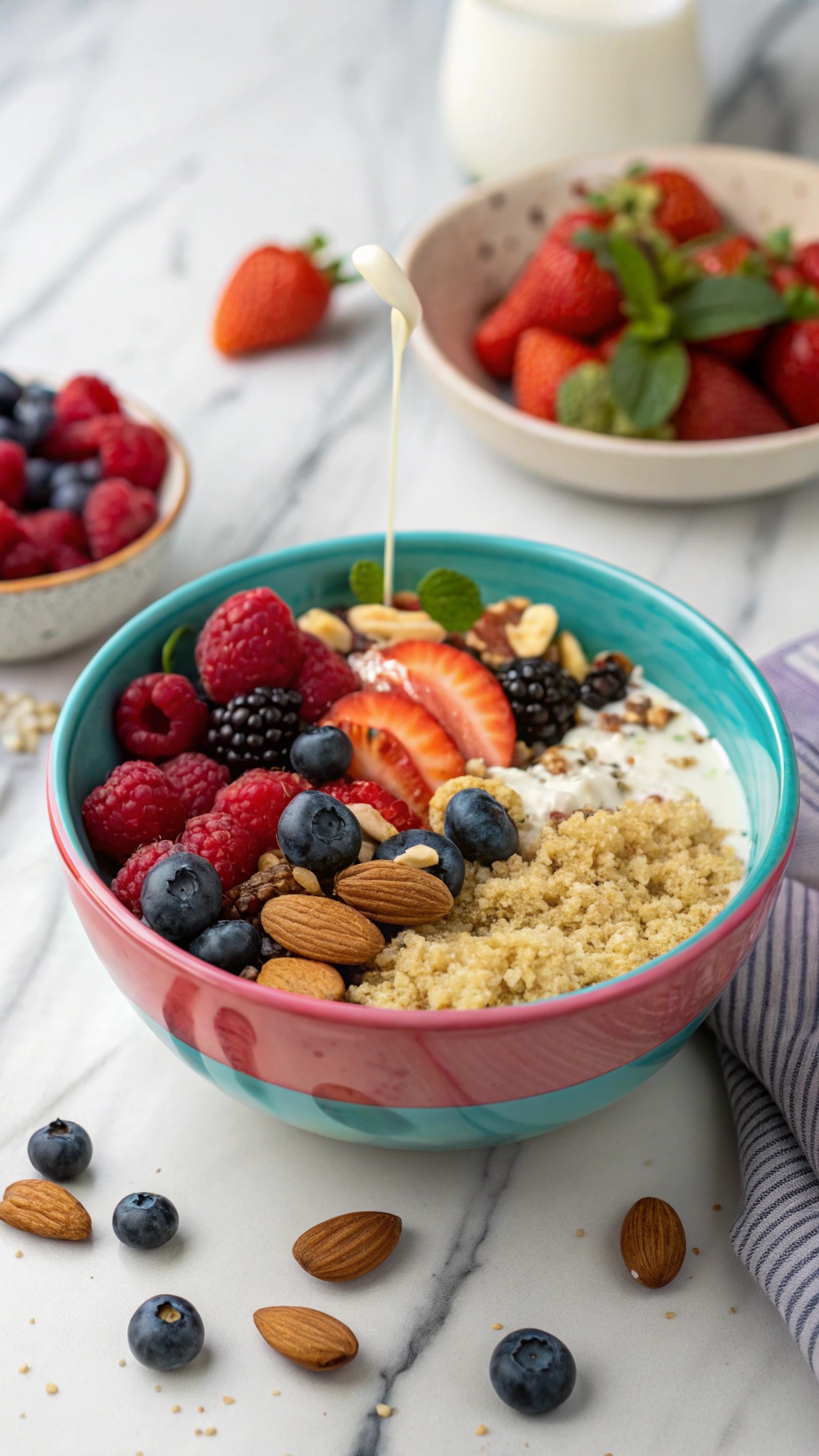 A colorful quinoa breakfast bowl topped with berries and almonds.