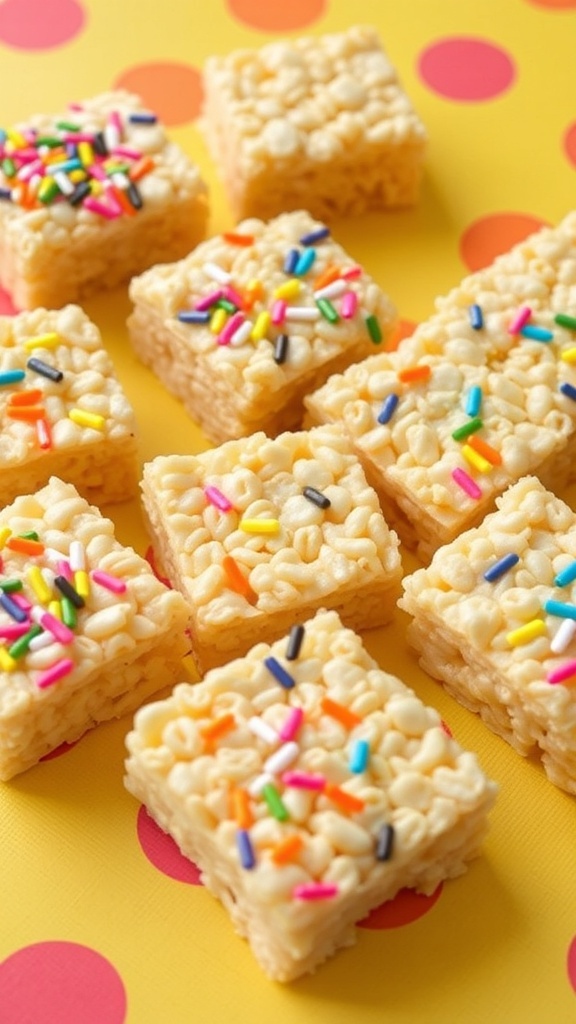 Colorful Rice Krispie treats with heart-shaped toppings and sprinkles on a yellow background.
