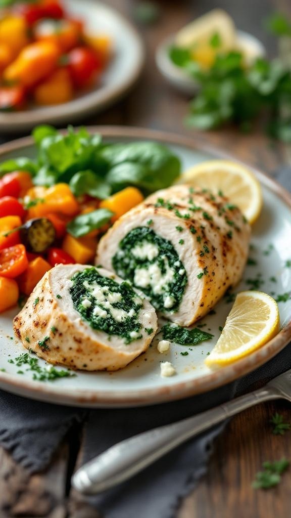 A plate of spinach and feta stuffed chicken with a side salad and lemon wedges.