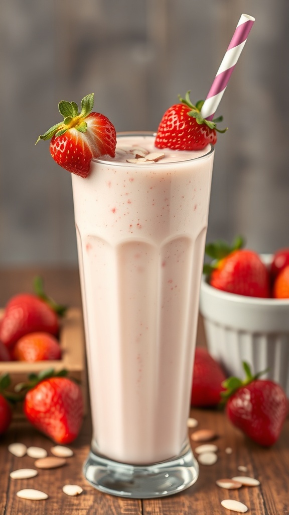 A delicious strawberry almond milk smoothie in a tall glass with a pink straw, garnished with fresh strawberries.