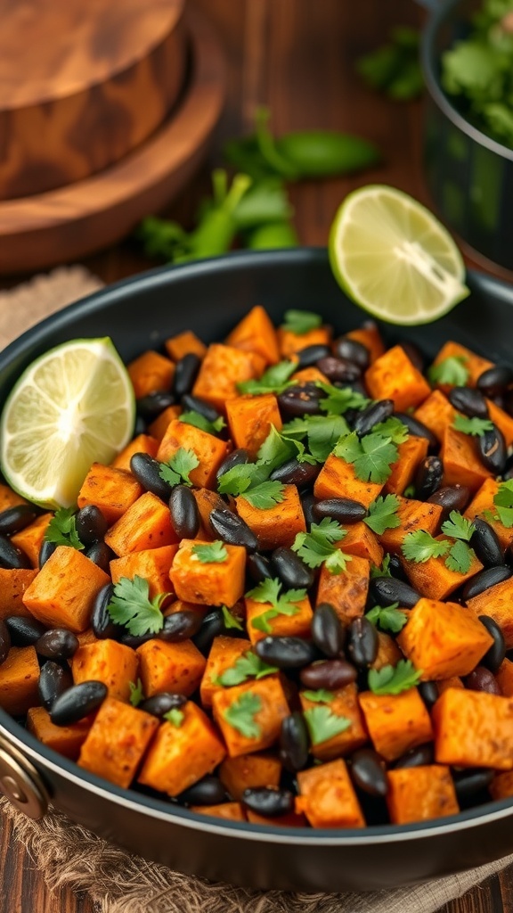 A colorful dish of sweet potato and black bean hash garnished with cilantro and lime.