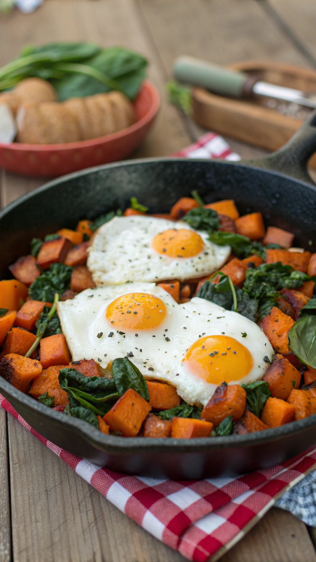 A skillet filled with sweet potato hash topped with eggs and spinach.