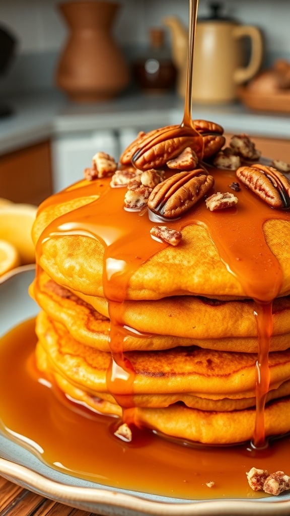Stack of sweet potato pancakes topped with pecans and syrup
