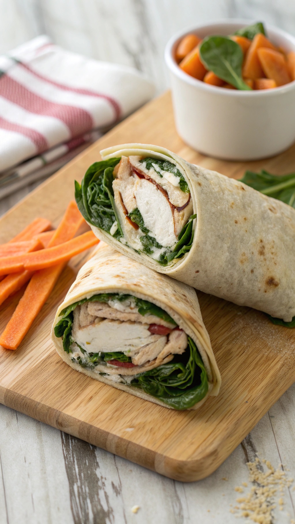 A wholesome turkey and spinach wrap with carrot sticks on a wooden board.