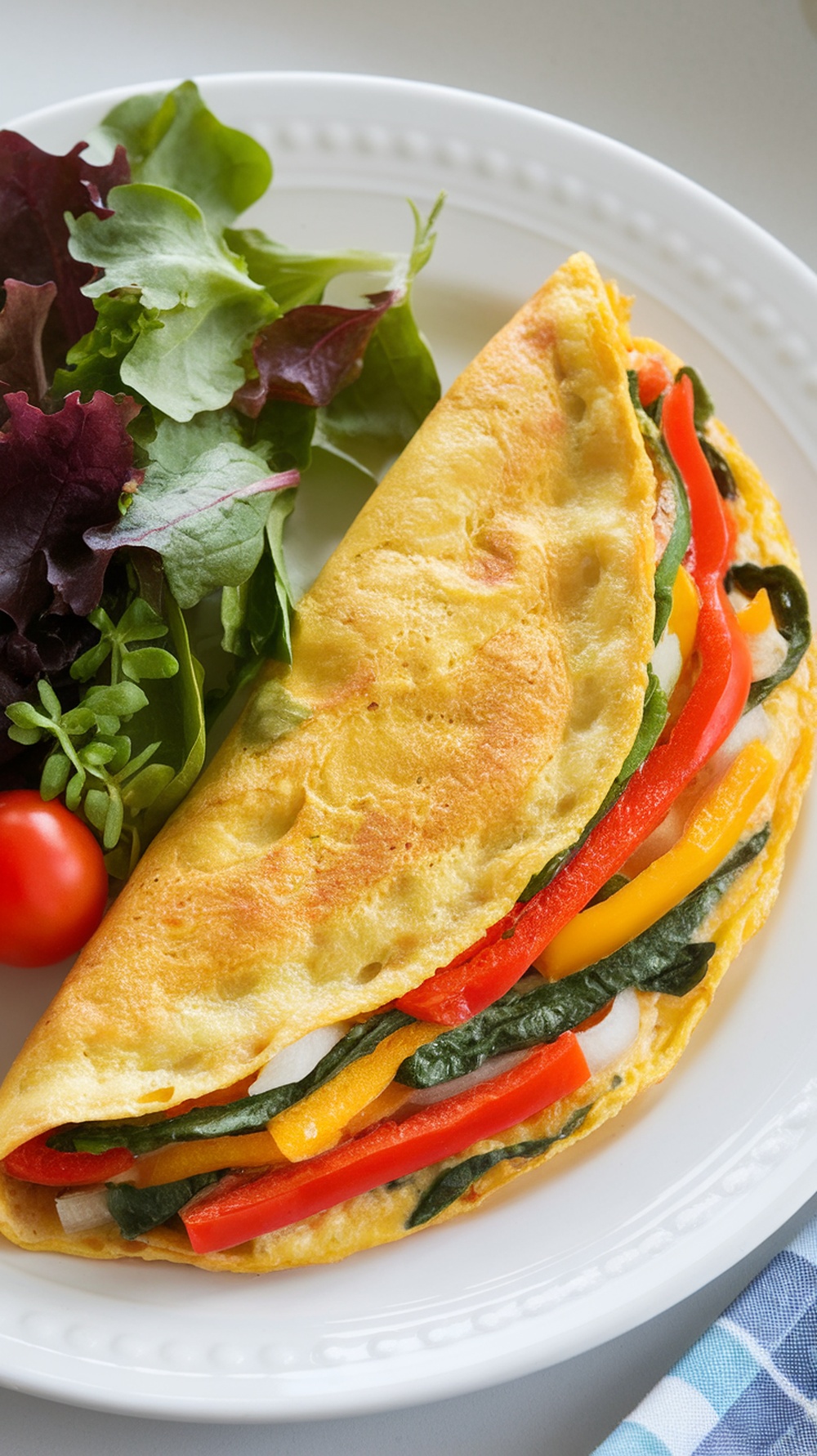 A colorful vegetable omelette with a side salad on a plate.