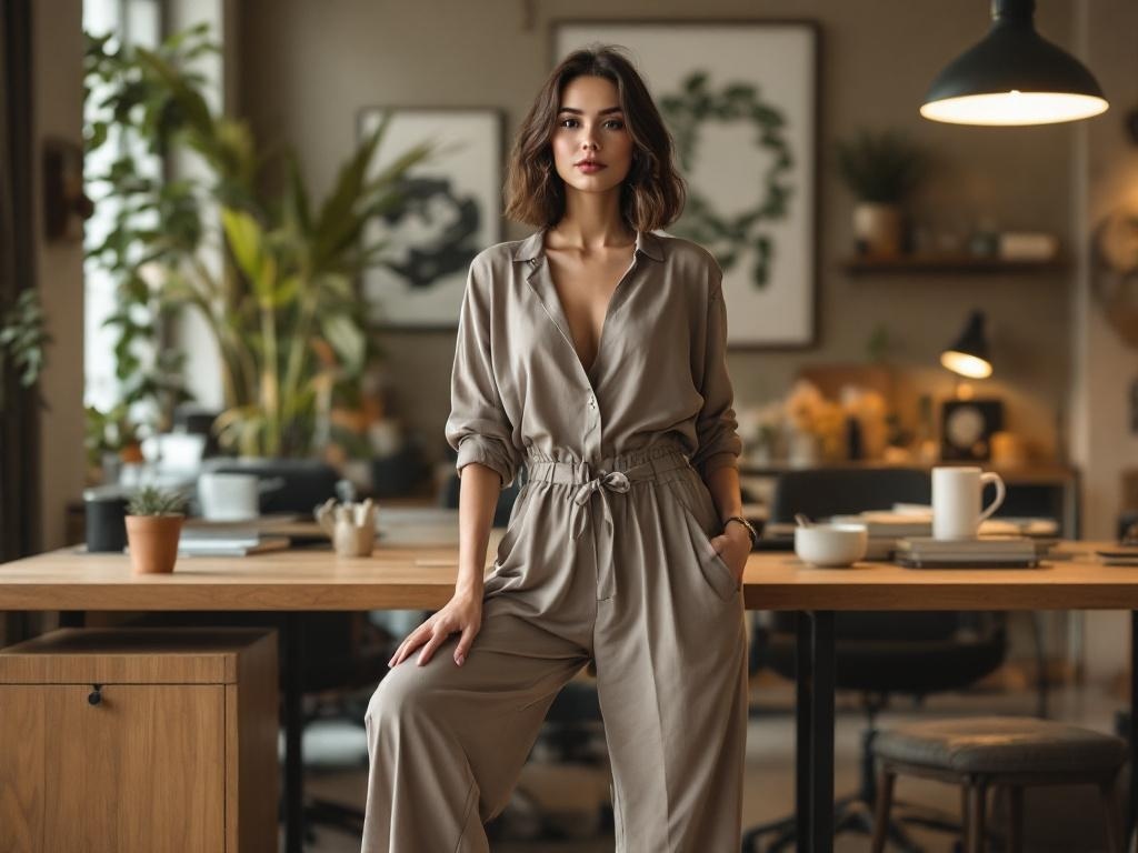 A woman wearing wide-leg pants and a relaxed top in an office setting.