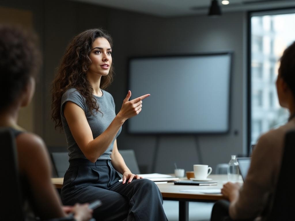 A woman in a fitted top and wide-leg pants, confidently speaking in a meeting.