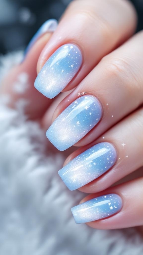 Nail design featuring an ombre effect from blue to light blue with sparkles, resembling a winter wonderland.
