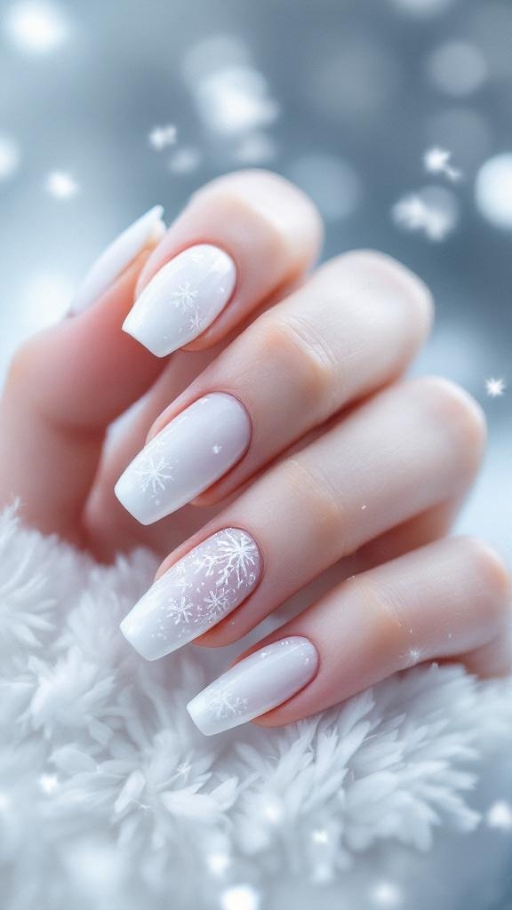 A hand with winter-themed white nails featuring snowflake designs on a soft background.
