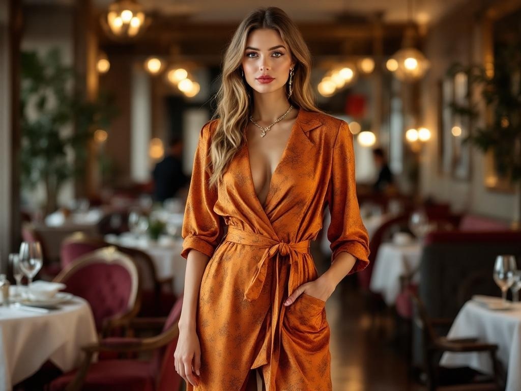 A woman wearing a wrap dress with statement accessories in a stylish restaurant setting.