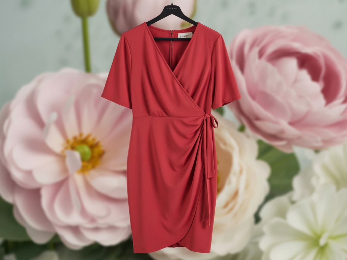 A red wrap dress hanging on a wooden hanger against a floral background.