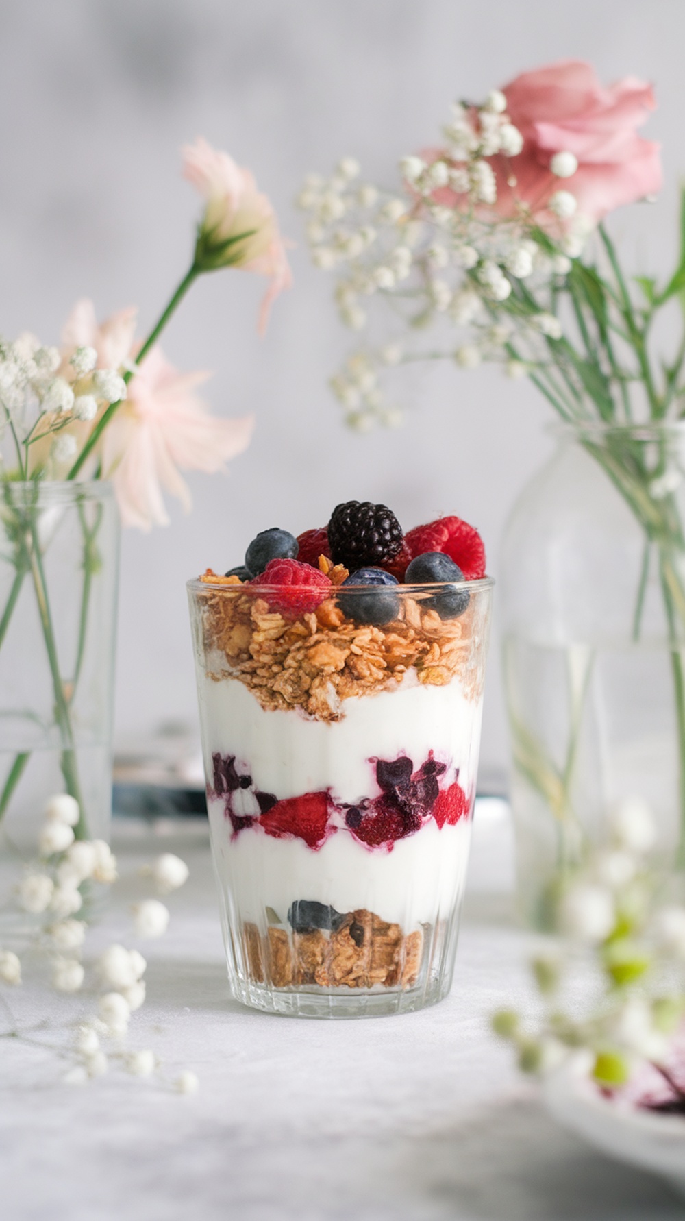 A yogurt parfait with layers of yogurt, granola, and mixed berries, surrounded by flowers.