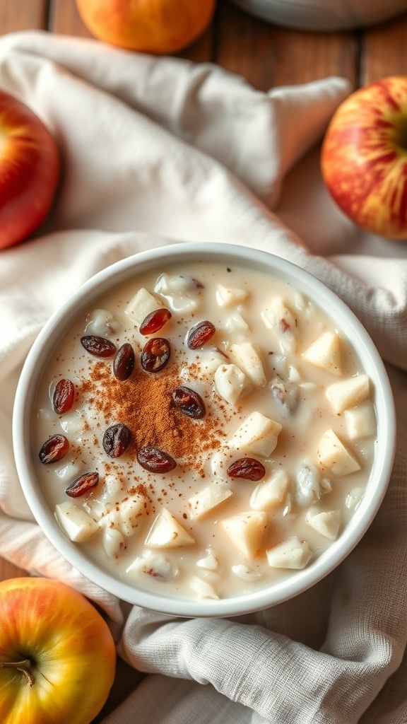 A bowl of apple and raisin rice pudding topped with cinnamon, surrounded by fresh apples.
