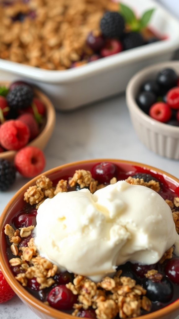 A delicious berry crisp topped with ice cream, surrounded by fresh berries.