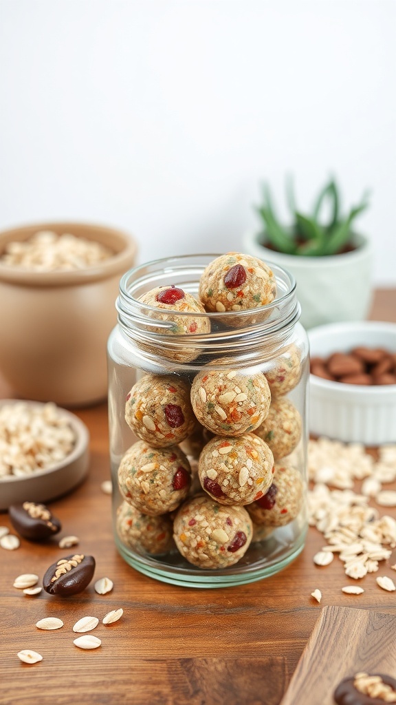 A jar filled with fruit and nut energy bites, surrounded by oats and nuts on a wooden table.