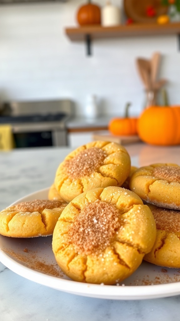 Plate of pumpkin snickerdoodles with cinnamon sugar topping